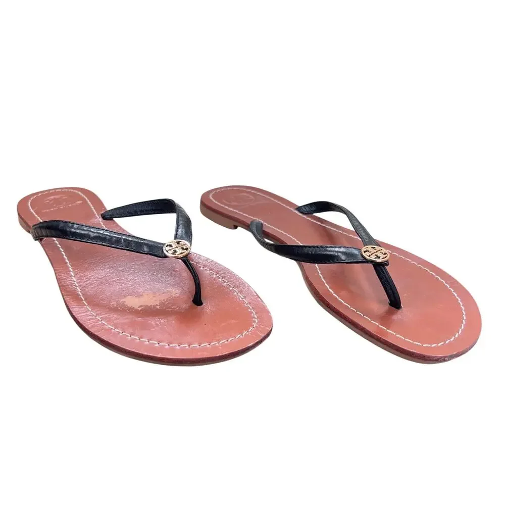 Tory Burch Charm Black Leather Flip Flop Strap  Sandals 8.5